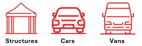 Red outline icons show a structure, a car, and a van, with labels Structures, Cars, and Vans.
