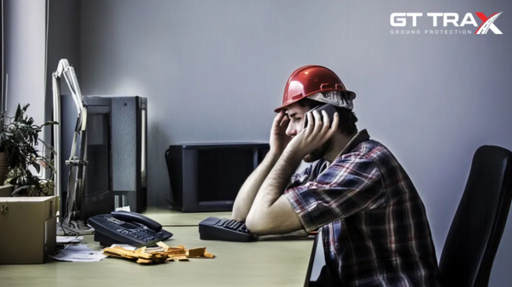 Man in red hard hat and plaid shirt on phone, hands on head, looking frustrated at a messy office desk.
