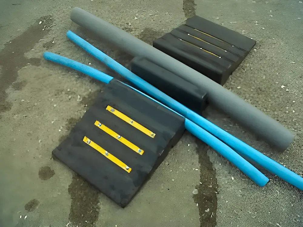 Gray pipe, two blue pipes, in hose protectors with yellow stripes with three yellow measurement strips each, on wet concrete.