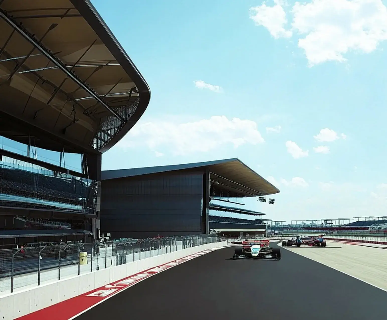 Two F1 race cars on an asphalt track, passing modern grandstands and buildings under a blue sky.