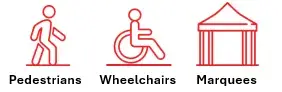 Red outline icons: walking person (Pedestrians), person in wheelchair (Wheelchairs), and a tent (Marquees).