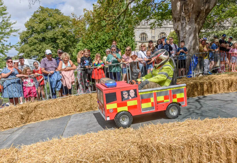 Soapbox karts line up at the start of the 100-metre track in Priory Gardens, Dunstable.