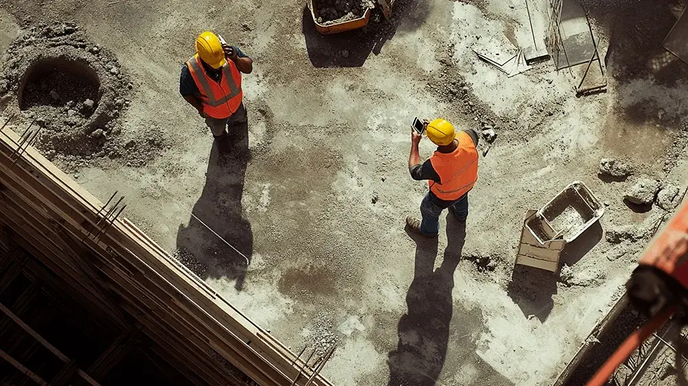 Top down view of two workers on a construction site