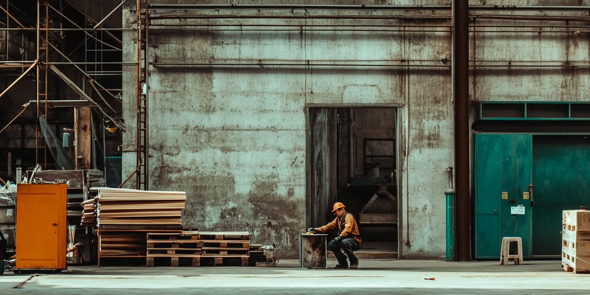 Concrete building with construction worker sitting in front