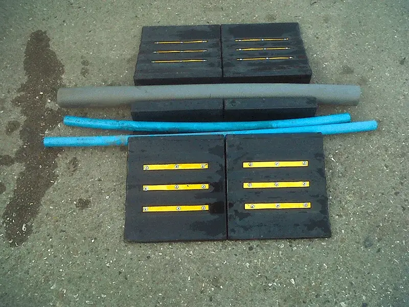Hose protectors with yellow stripes a gray pipe, and two blue pipes lie on wet concrete.