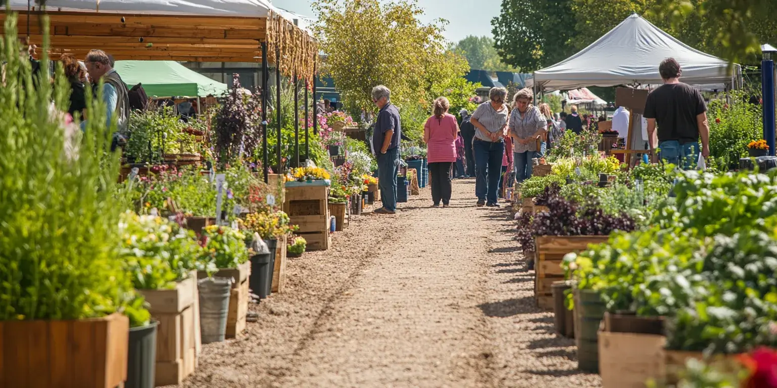 People browse potted plants and flowers along a dirt path at an outdoor market with white tents under a sunny sky.